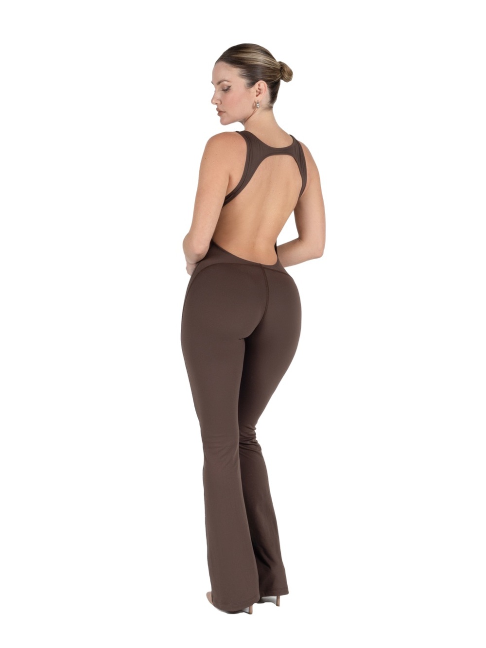 Davis Active Backless Flare Jumpsuit in Chocolate Women’s Size M/L - Picture 2 of 5